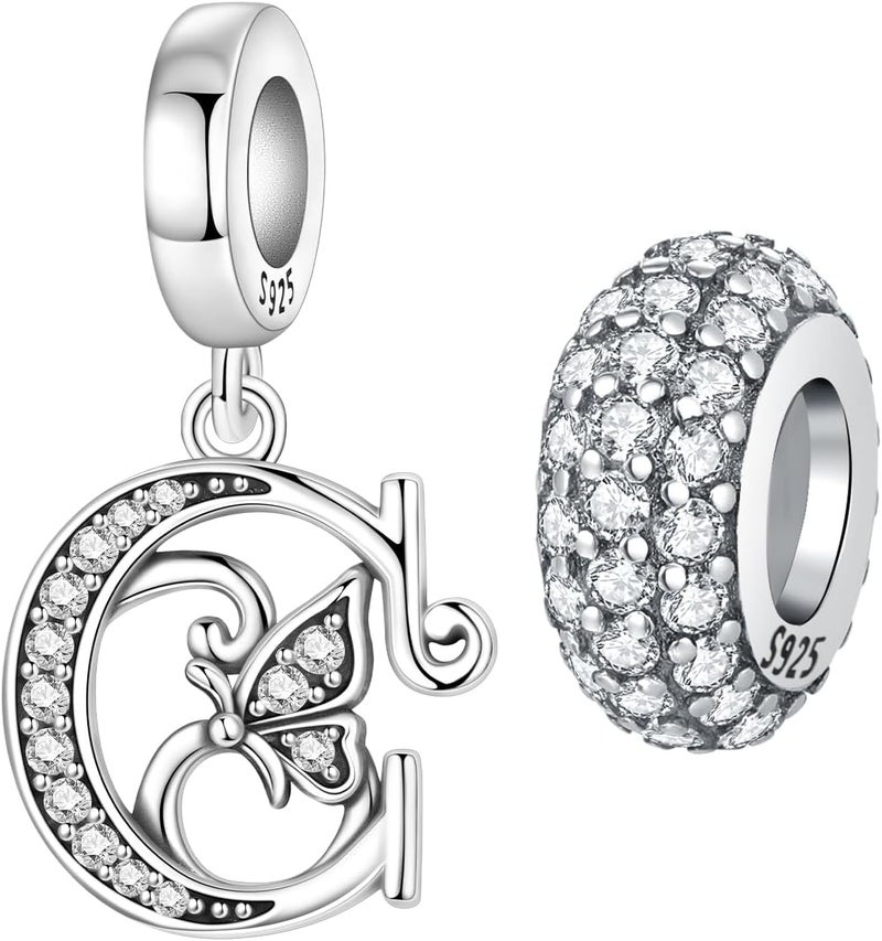 PANPOKI Store 2 Pack 925 Sterling Silver Butterfly Letter Charms for Bracelets and Necklace Alphabet Initial Dangle Pendants Round Spacer Beads Pave Cubic Zirconia Jewelry Gift for Women - Image 1